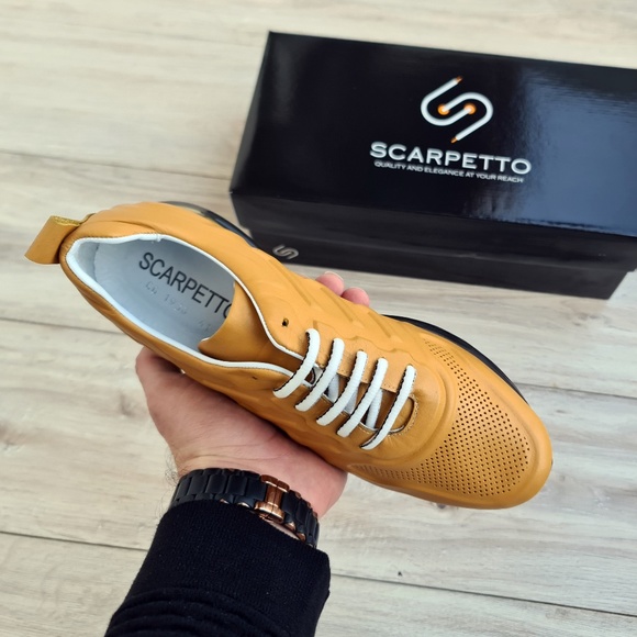 Mustard Yellow Leather Sneakers for Men - Picture 2 of 4